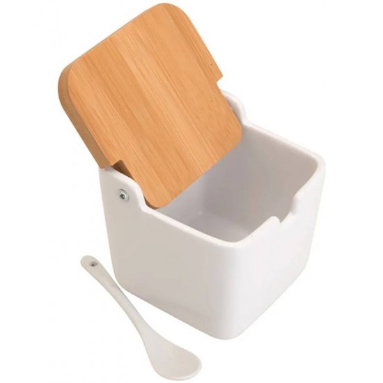 Saleiro 11x10x11cm De Mesa De Cerâmica C/Tampa De Bambu E Colher Bianco